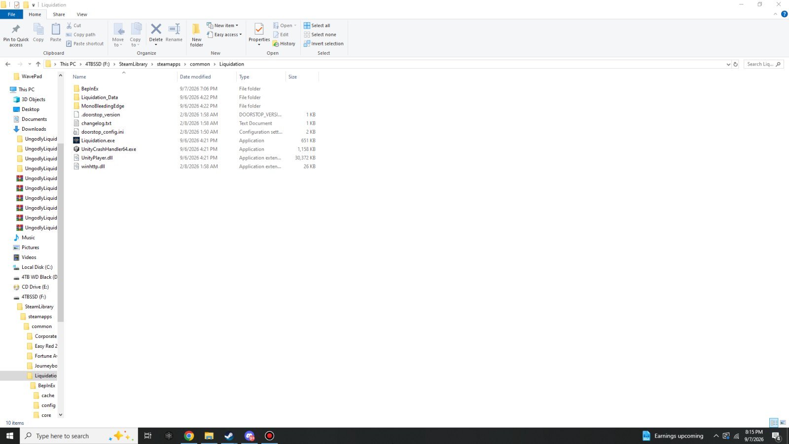 Windows Explorer showing the Liquidation game folder containing a BepInEx folder, Liquidation_Data, MonoBleedingEdge, doorstop files, Liquidation.exe, UnityPlayer.dll and winhttp.dll