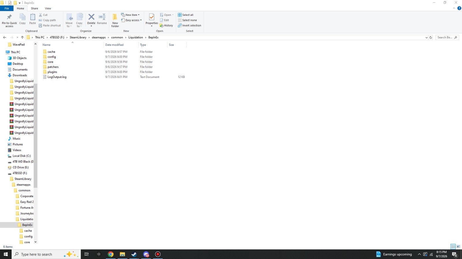 The BepInEx folder containing cache, config, core, patchers and plugins folders plus LogOutput.log