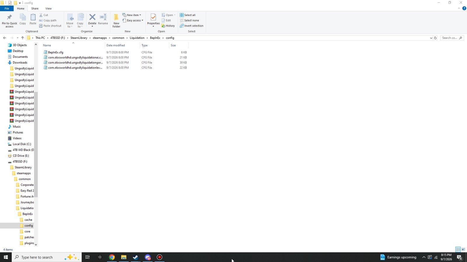 The config folder containing BepInEx.cfg and three com.stixsworldhd configuration files