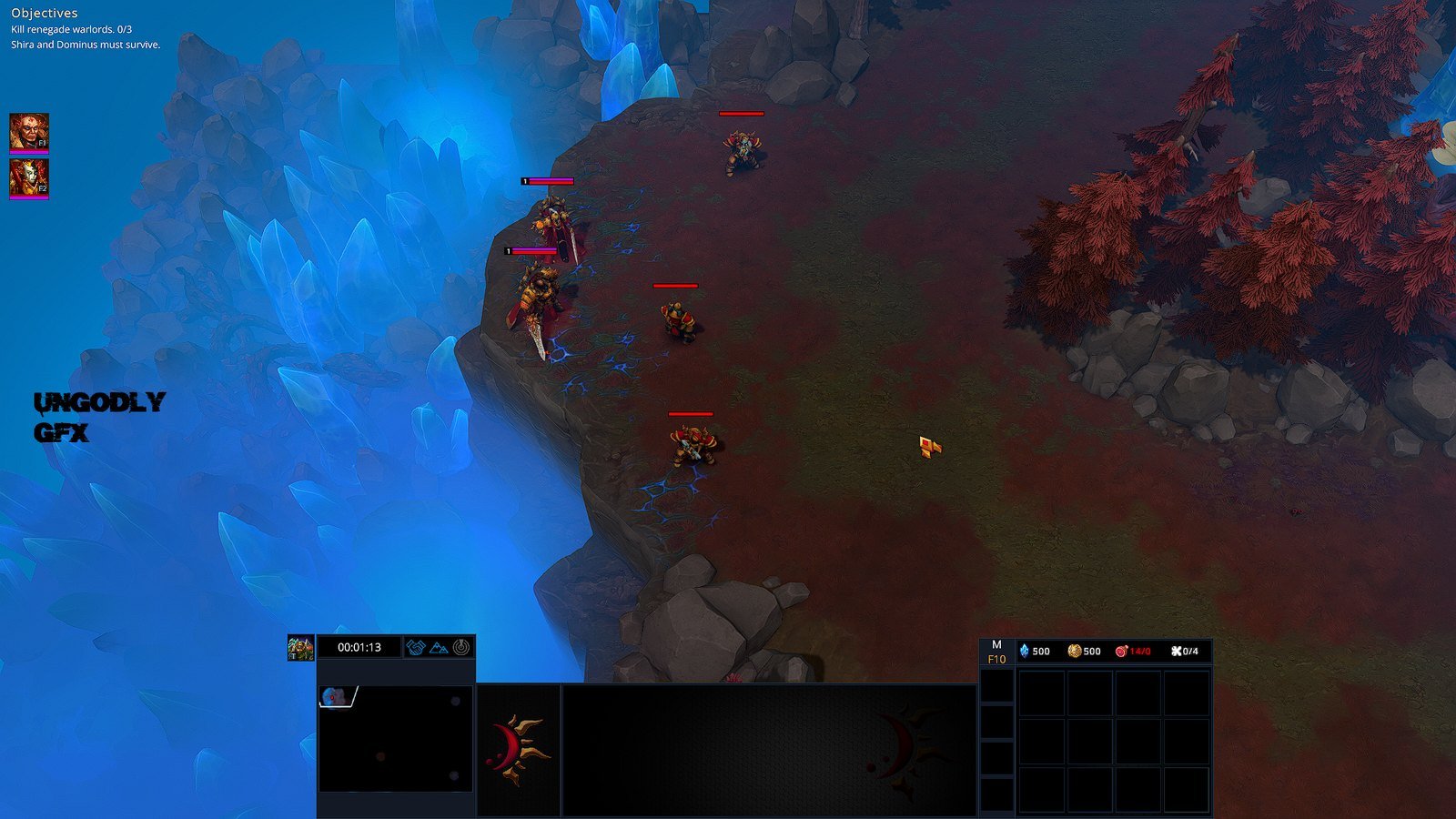 The same Liquidation RTS mission with the Ungodly plugin active, the map revealed and the terrain lit