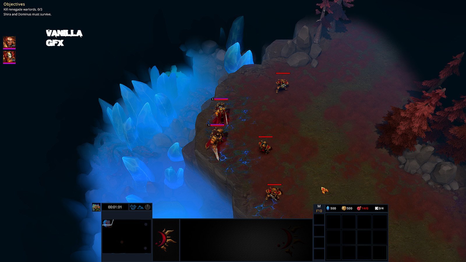 A Liquidation RTS mission with stock graphics, most of the map dark under fog of war